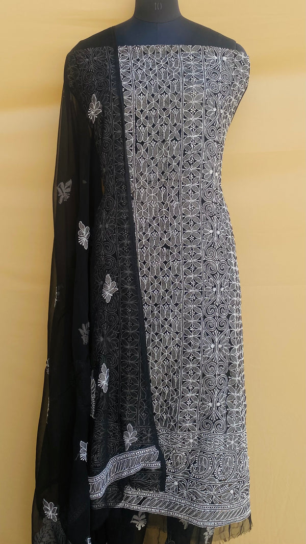 Lucknowi Chikankari Suit Length 3 Piece Black Georgette