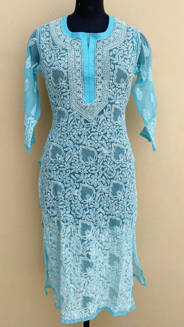 Lucknowi Chikankari Kurti Blue Faux Georgette With Jaali Work