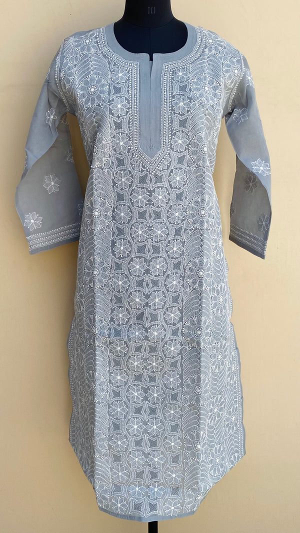 Lucknowi Chikankari Kurti Gray Cotton With Jaali Work