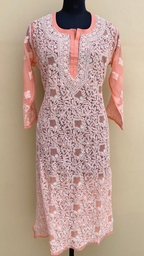 Lucknowi Chikankari Kurti Peach Faux Georgette With Jaali Work