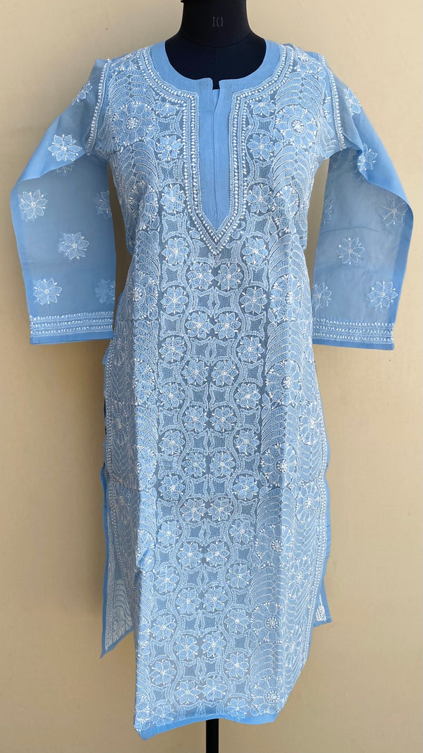 Lucknowi Chikankari Kurti Blue Cotton With Jaali Work