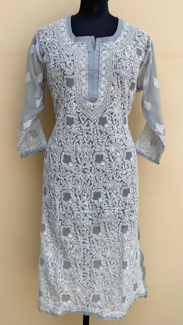 Lucknowi Chikankari Kurti Gray Faux Georgette With Jaali Work