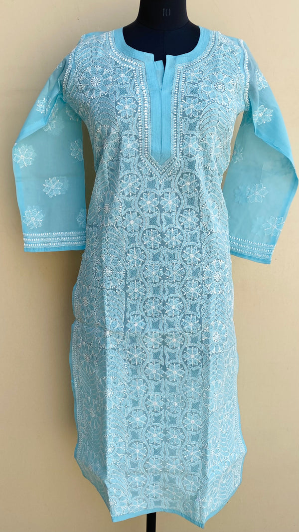 Lucknowi Chikankari Kurti Blue Cotton With Jaali Work