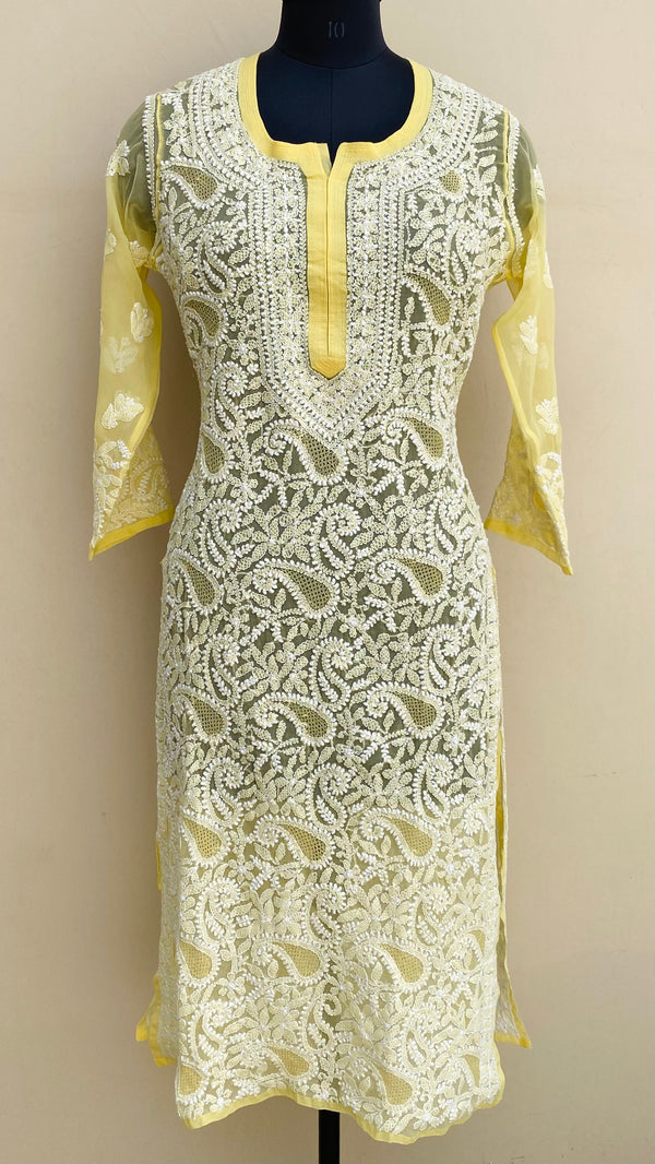 Lucknowi Chikankari Kurti Yellow Faux Georgette With Jaali Work