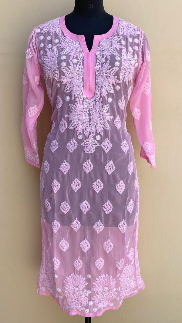 Lucknowi Chikankari Kurti Pink Faux Georgette