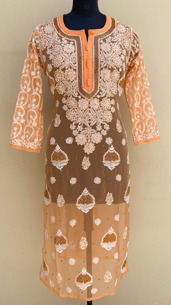 Lucknowi Chikankari Kurti Orange Georgette With Cutdana Work
