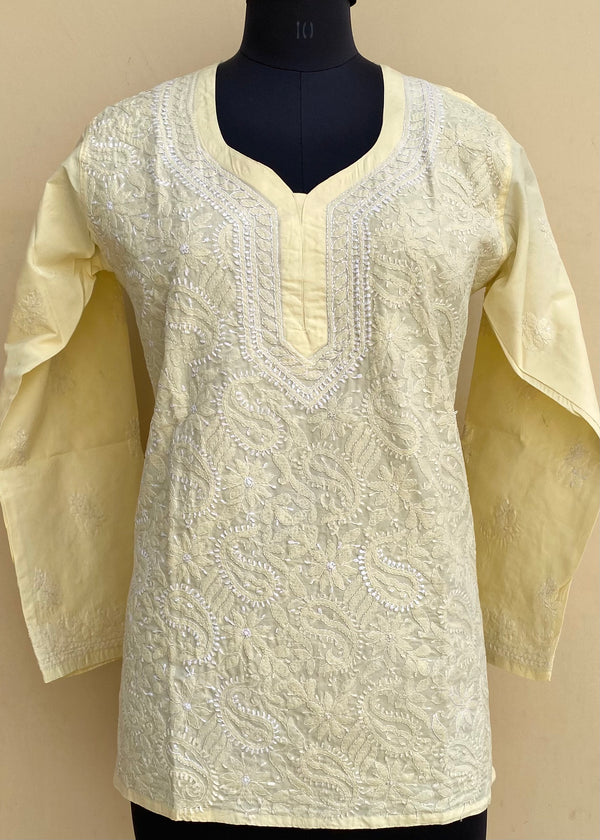 Lucknowi Chikankari Short Kurti Beige Cotton