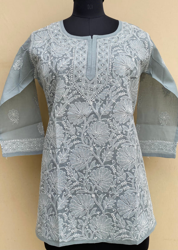 Lucknowi Chikankari Short Kurti Gray Cotton