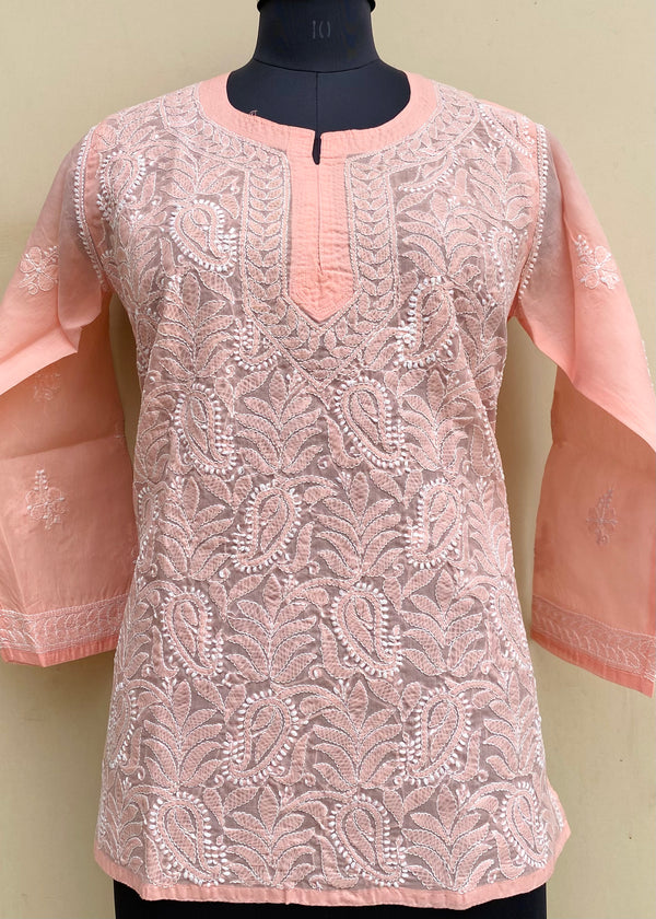 Lucknowi Chikankari Short Kurti Peach Cotton