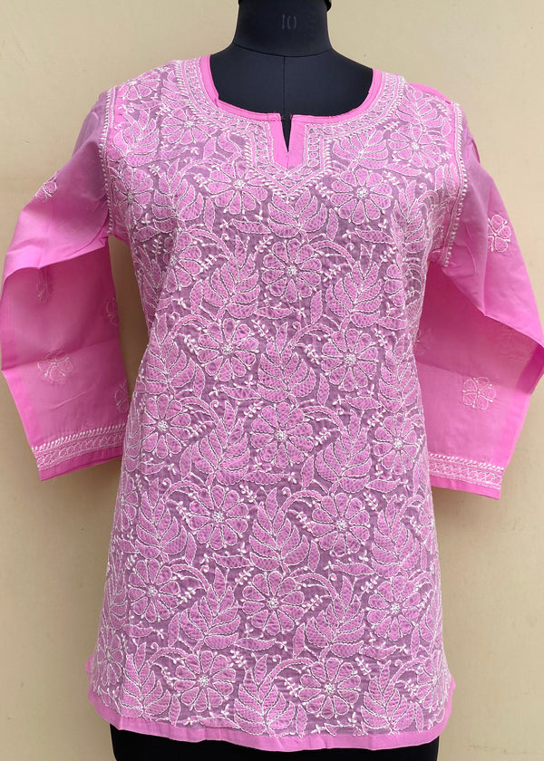 Lucknowi Chikankari Short Kurti Pink Cotton