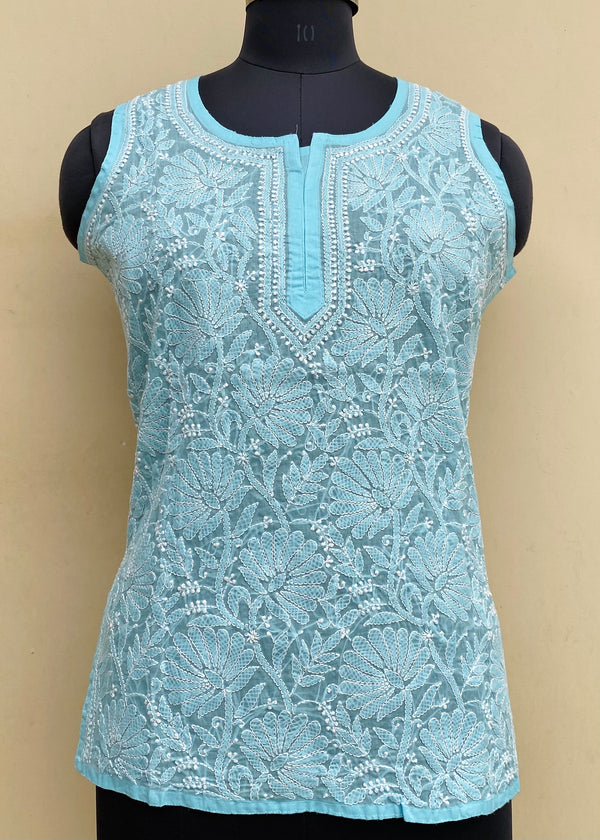 Lucknowi Chikankari Short Kurti Blue Cotton