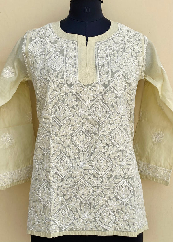 Lucknowi Chikankari Short Kurti Beige Cotton