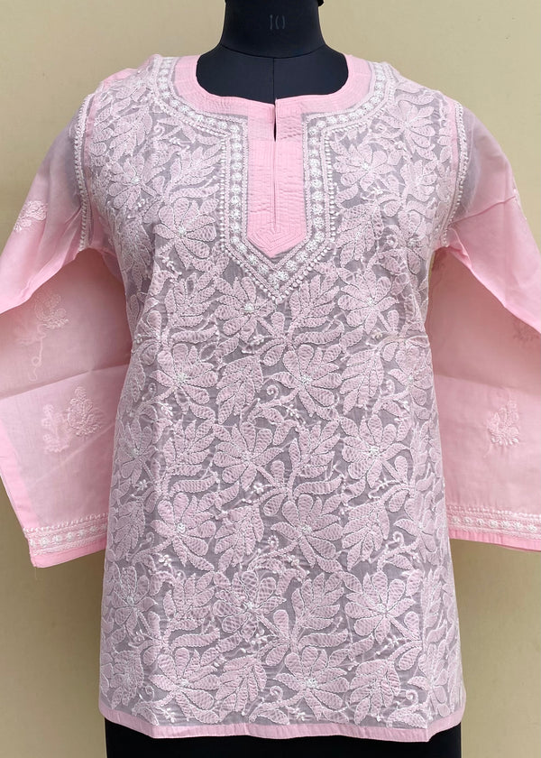 Lucknowi Chikankari Short Kurti Pink Cotton