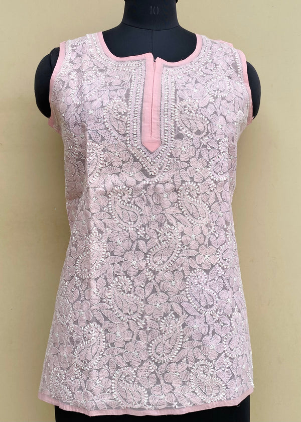 Lucknowi Chikankari Short Kurti  Pink Cotton