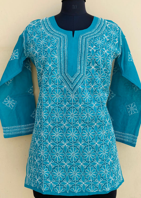 Lucknowi Chikankari Short Kurti Sea Green Cotton