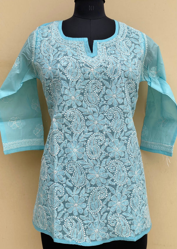 Lucknowi Chikankari Short Kurti Blue Cotton