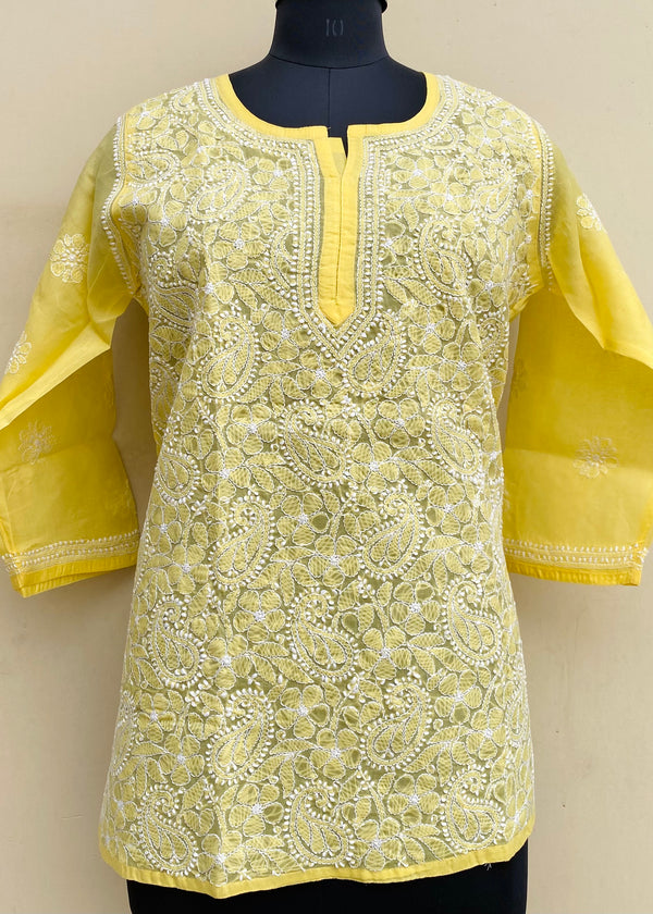 Lucknowi Chikankari Short Kurti Yellow Cotton