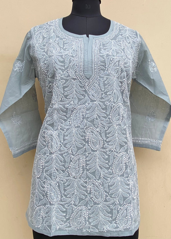 Lucknowi Chikankari Short Kurti Gray Cotton