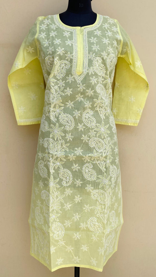 Lucknowi Chikankari Kurti Lemon Yellow Cotton