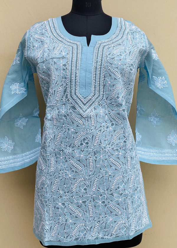 Lucknowi Chikankari Short Kurti Powder Blue  Cotton