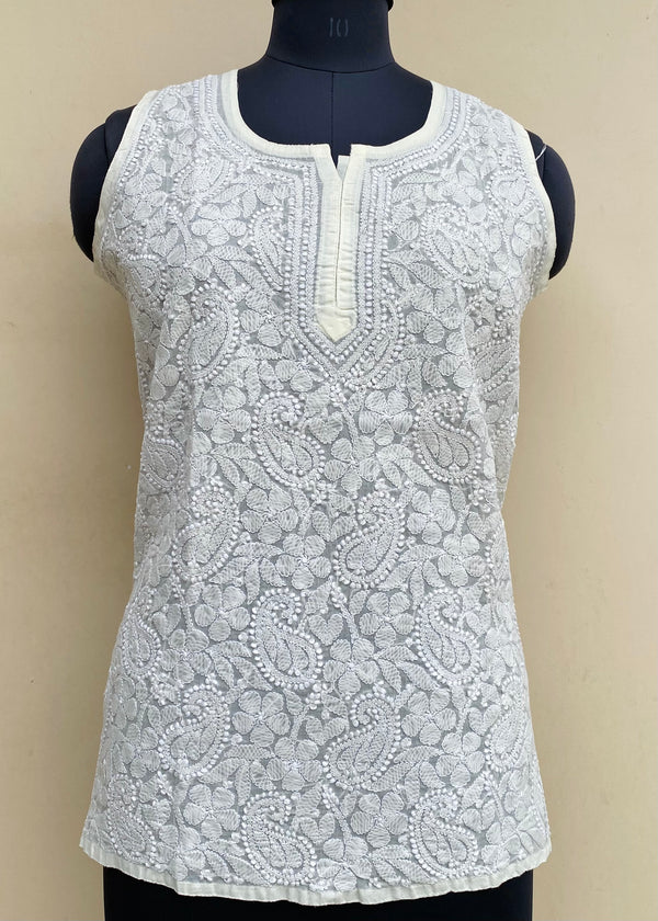 Lucknowi Chikankari Short Kurti Cream Cotton