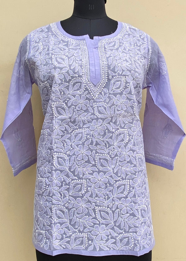 Lucknowi Chikankari Short Kurti Purple Cotton