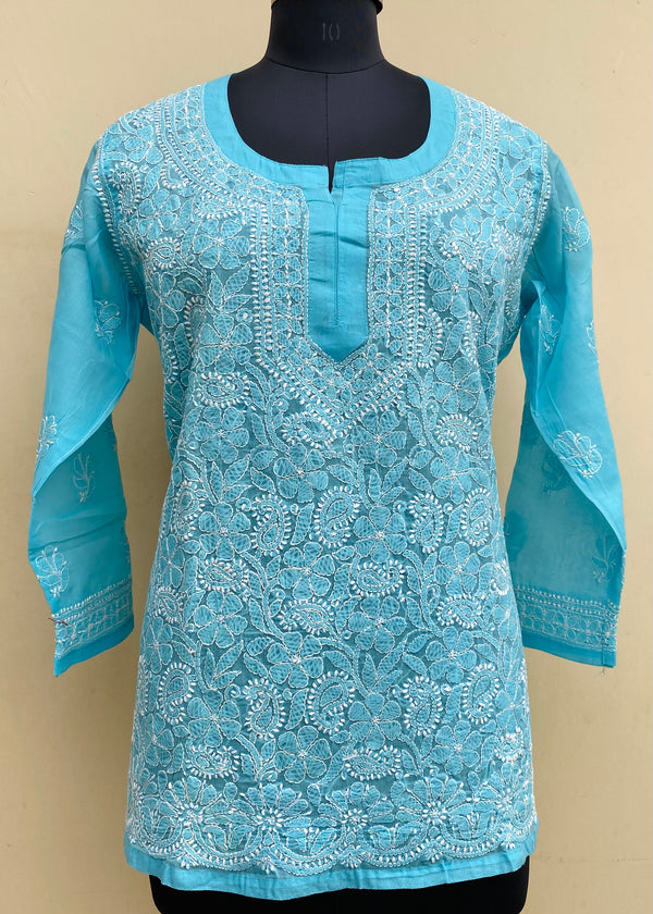 Lucknowi Chikankari Short Kurti Blue Cotton