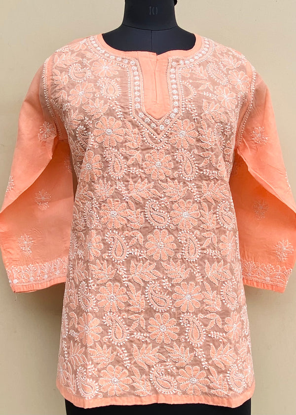 Lucknowi Chikankari Short Kurti Orange Cotton