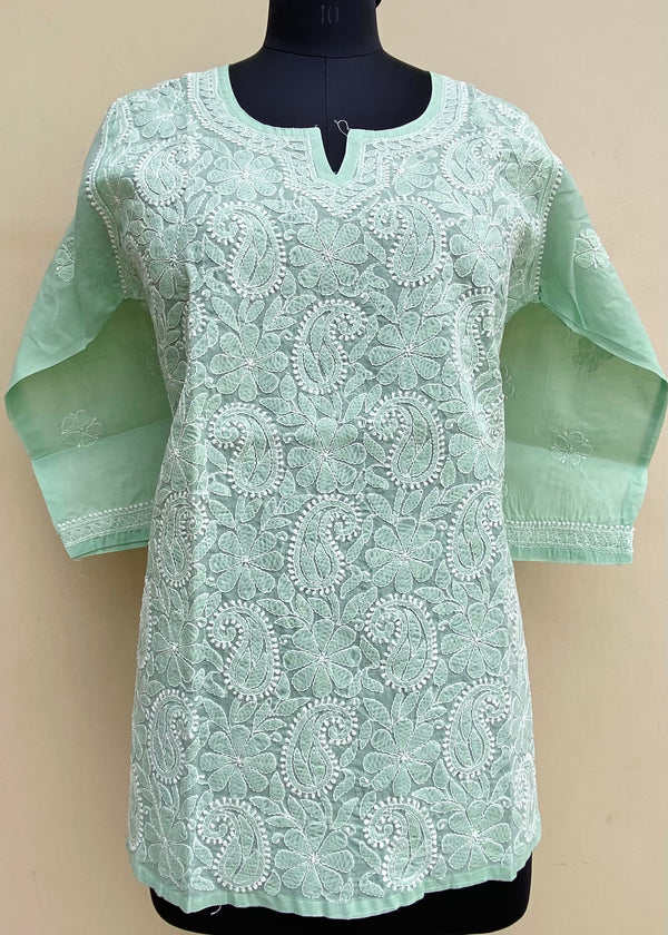 Lucknowi Chikankari Short Kurti Teal Green Cotton