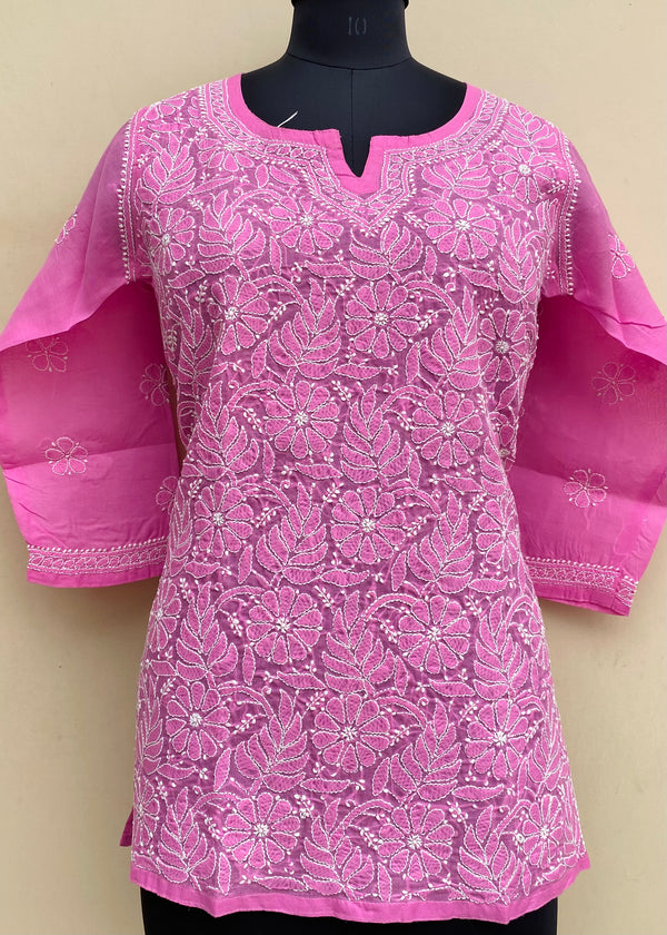 Lucknowi Chikankari Short Kurti Pink Cotton