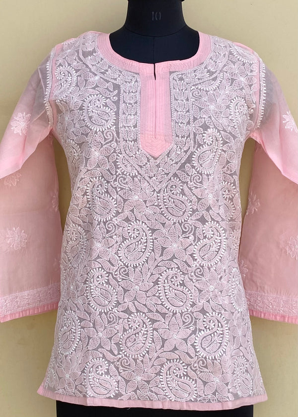 Lucknowi Chikankari Short Kurti Pink Cotton