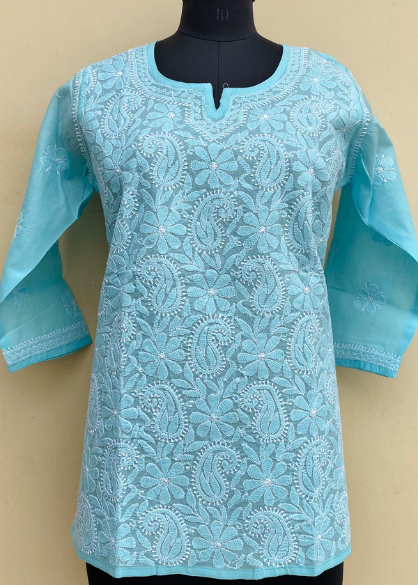 Lucknowi Chikankari Short Kurti Blue Cotton