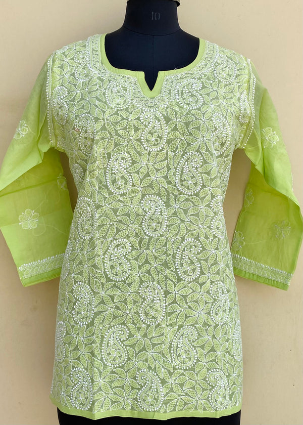 Lucknowi Chikankari Short Kurti Pista Green Cotton