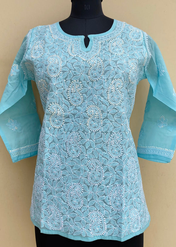 Lucknowi Chikankari Short Kurti Blue Cotton