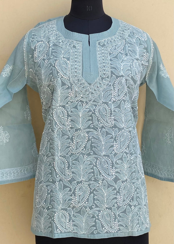 Lucknowi Chikankari Short Kurti Gray Cotton