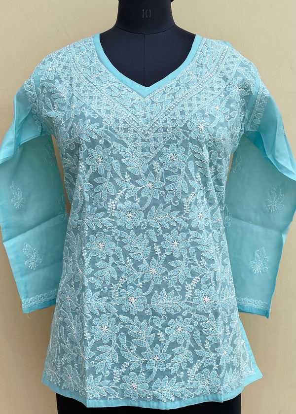 Lucknowi Chikankari Short Kurti Blue Cotton