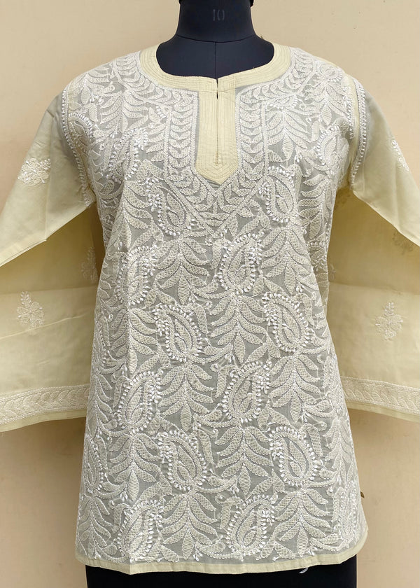 Lucknowi Chikankari Short Kurti Beige Cotton