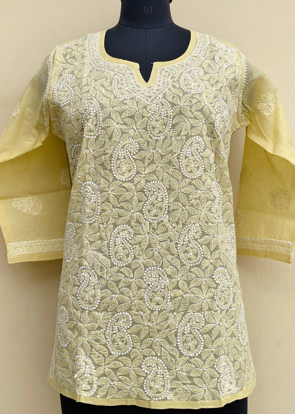 Lucknowi Chikankari Short Kurti Beige Cotton