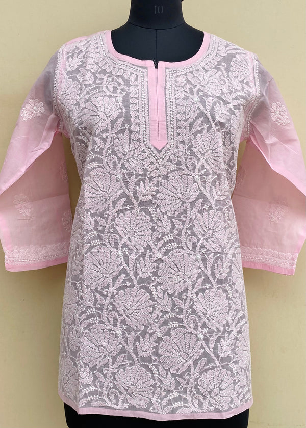 Lucknowi Chikankari Short Kurti Pink Cotton