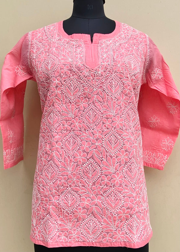 Lucknowi Chikankari Short Kurti Pink Cotton