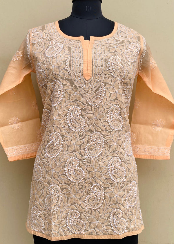 Lucknowi Chikankari Short Kurti Orange Cotton