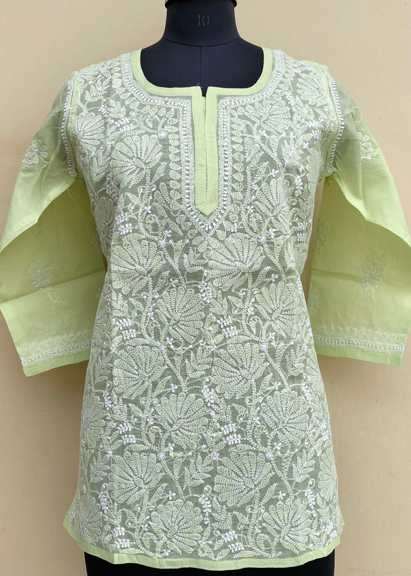 Lucknowi Chikankari Short Kurti Pista Green Cotton