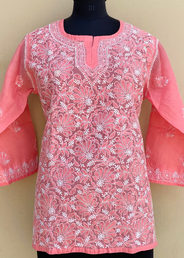 Lucknowi Chikankari Short Kurti Pink Cotton