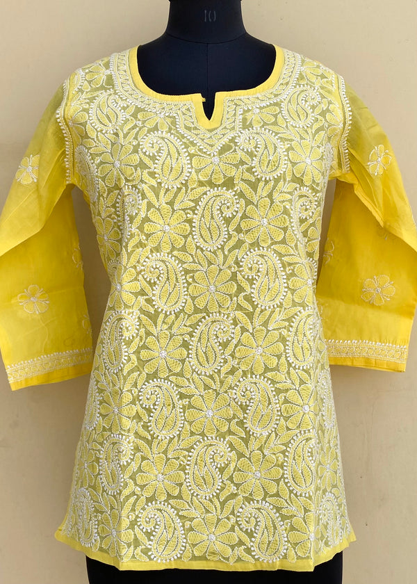 Lucknowi Chikankari Short Kurti Yellow Cotton