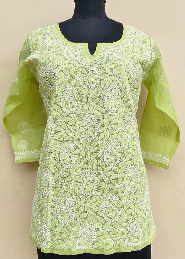 Lucknowi Chikankari Short Kurti Green Cotton