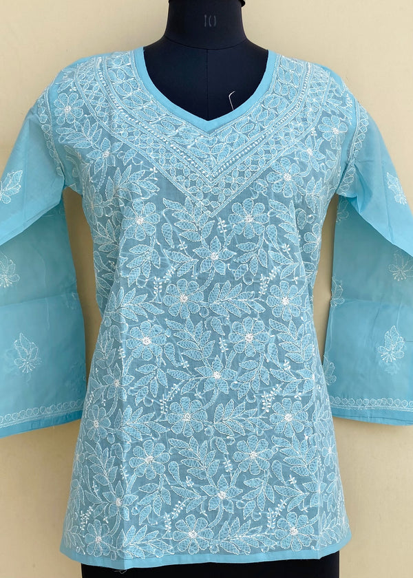 Lucknowi Chikankari Short Kurti Blue Cotton