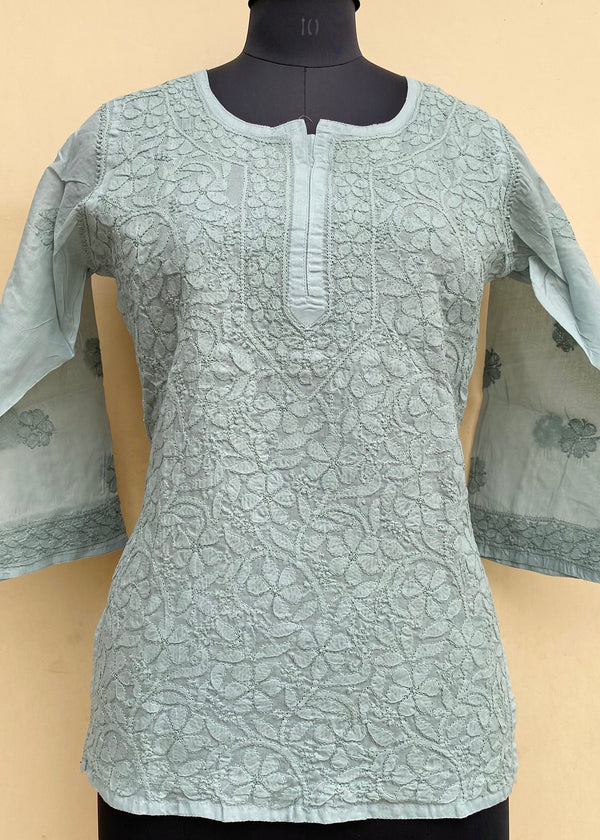 Lucknowi Chikankari Short Kurti Gray Cotton