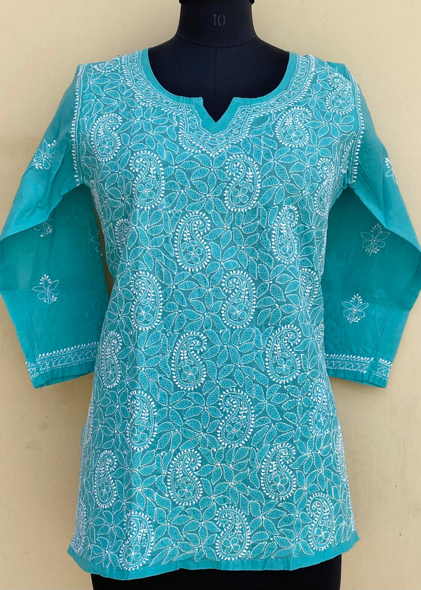 Lucknowi Chikankari Short Kurti Sea Green Cotton