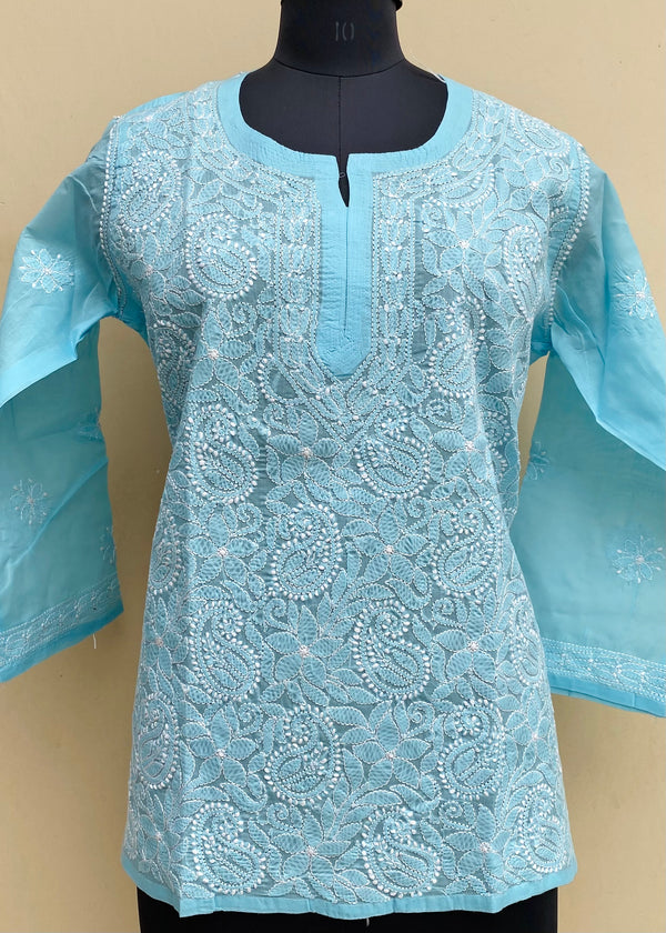 Lucknowi Chikankari Short Kurti Blue Cotton