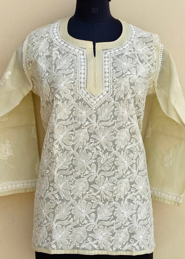 Lucknowi Chikankari Short Kurti Beige Cotton